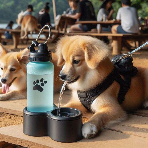 Dog drinking water from a travel bowl with a portable dog water bottle placed beside it during a walk.
